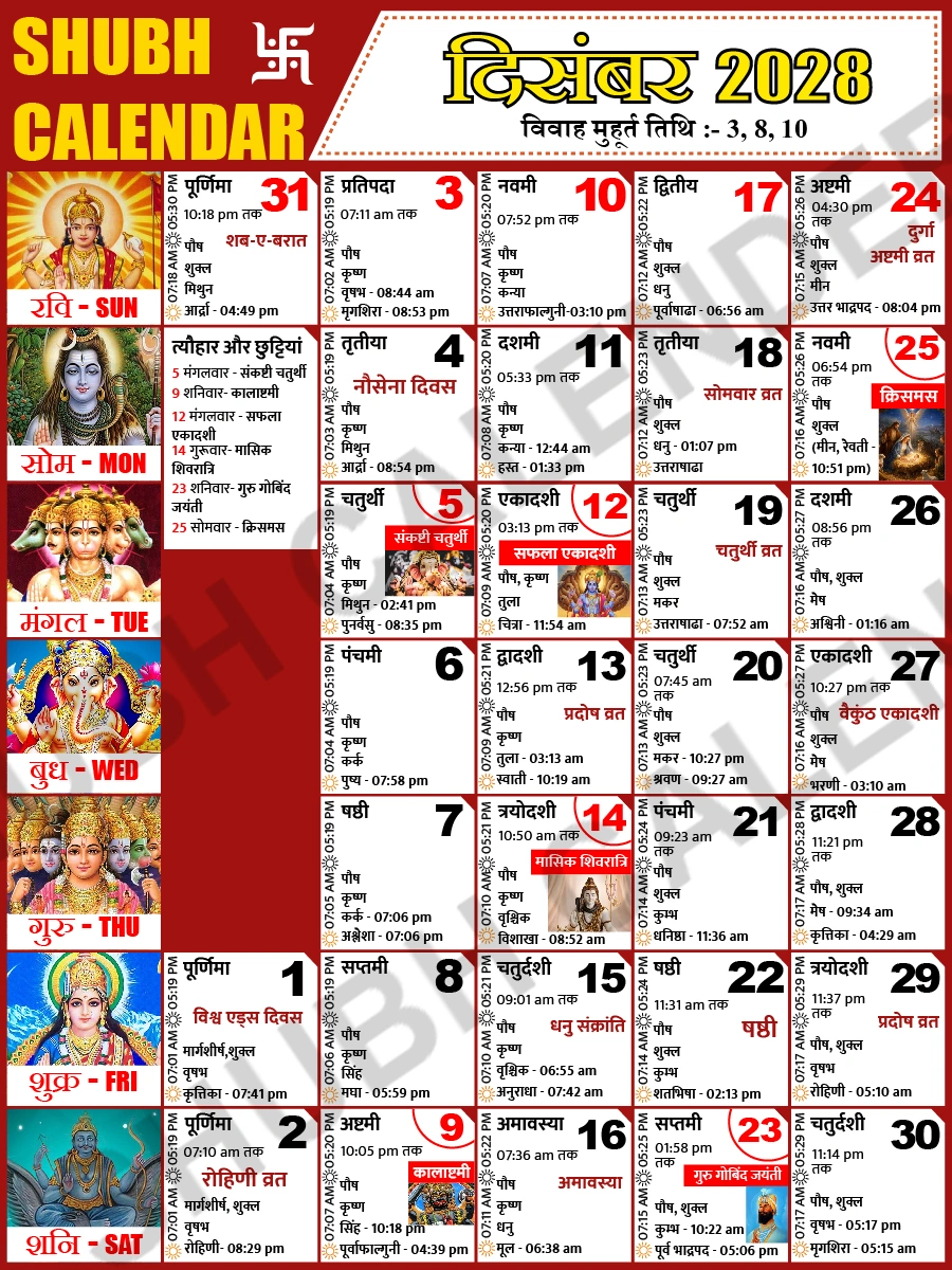 दिसंबर 2028 हिंदी कैलेंडर