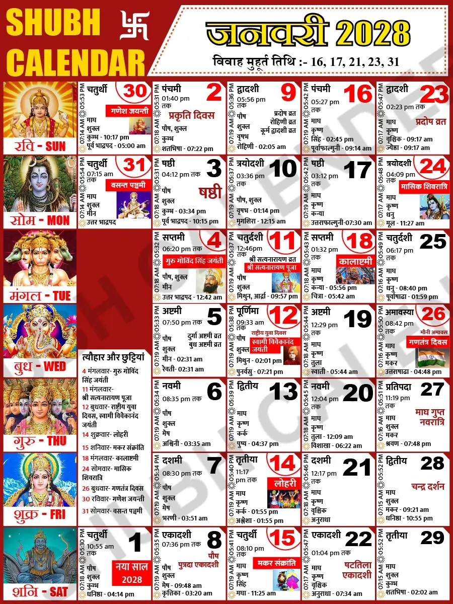 जनवरी 2028 हिंदी कैलेंडर